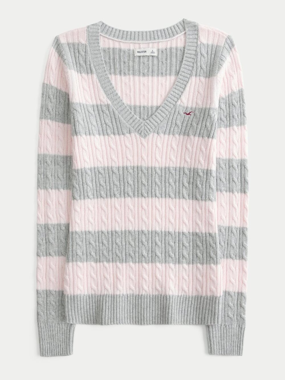 Hollister Ivy Cable-Knit V-Neck Sweater Grey/Pink XS